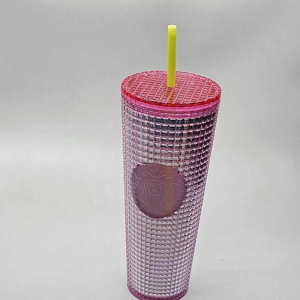 pink bubblegum grid 24 ounce venti tumbler with yellow straw ☆☆ new☆☆ - Picture 3 of 16
